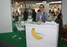 Maria Elena Pino from the company BestFruit (Ecuador) standing in a pavilion with more companies from Ecuador. The company BestFruit exists for one year now and is exporting bananas and different varities of dried berries.