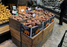 Zoete aardappelen in merkdozen en in gestickerd in kisten