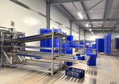 Op de eerste verdieping wordt lege fust op de banden gezet en volle kratjes worden van het bandensysteem op een pallet gezet. Volle pallets gaan via de lift omlaag en direct naar de koelcel gebracht.