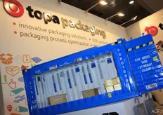 Topa presenteerde wat voorbeelden van verpakkingen die geschikt zijn om producten te vervoeren in een container. De mini-container trok veel bekijks.