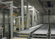 Zicht op de rollenbanen voor inkomende goederen. Links de gele traversewagens die de pallets vanaf de inkomende rollerbaan naar de juiste koelcel brengen.
