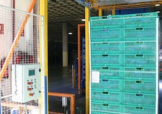 Vanuit de palettiseer machine gaat de pallet via een rollerband naar de lift.