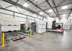 Links worden de volle bulkbakken in de machine geplaatst, na het kantelen komen de lege bakken er aan de rechter kant weer uit. Ook het EPS-fust komt via deze kant de loods binnen.