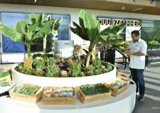 De bananenplant in het Experience Center omgeven door de kruiden van Van Vugt. Rechts: productontwikkelaar Frank Weiler van Van Gelder